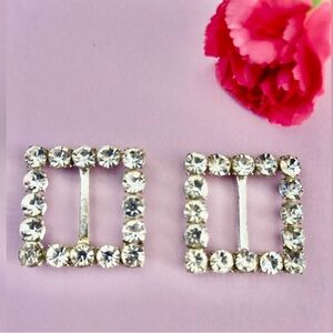 2 Antique Buckles faceted crystals rhinestones set in silver pot metal 1920s-40s